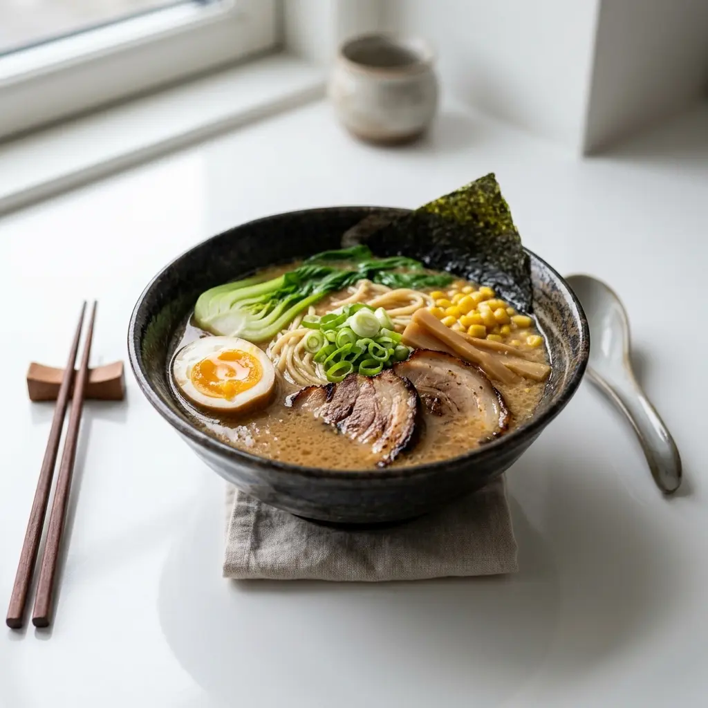 Ramen med miso servert varm i skål