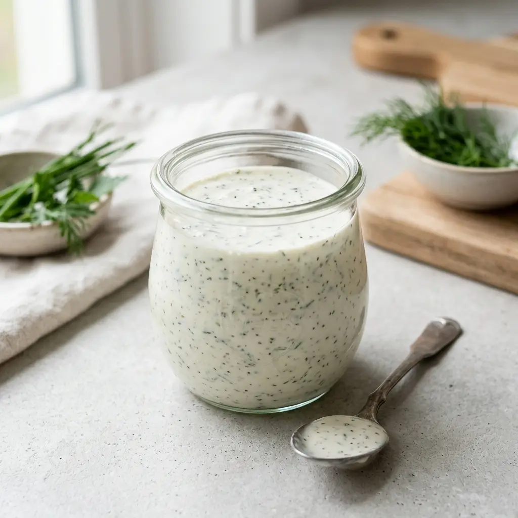 En skål med ranchdressing klar til servering som smakfullt tilbehør