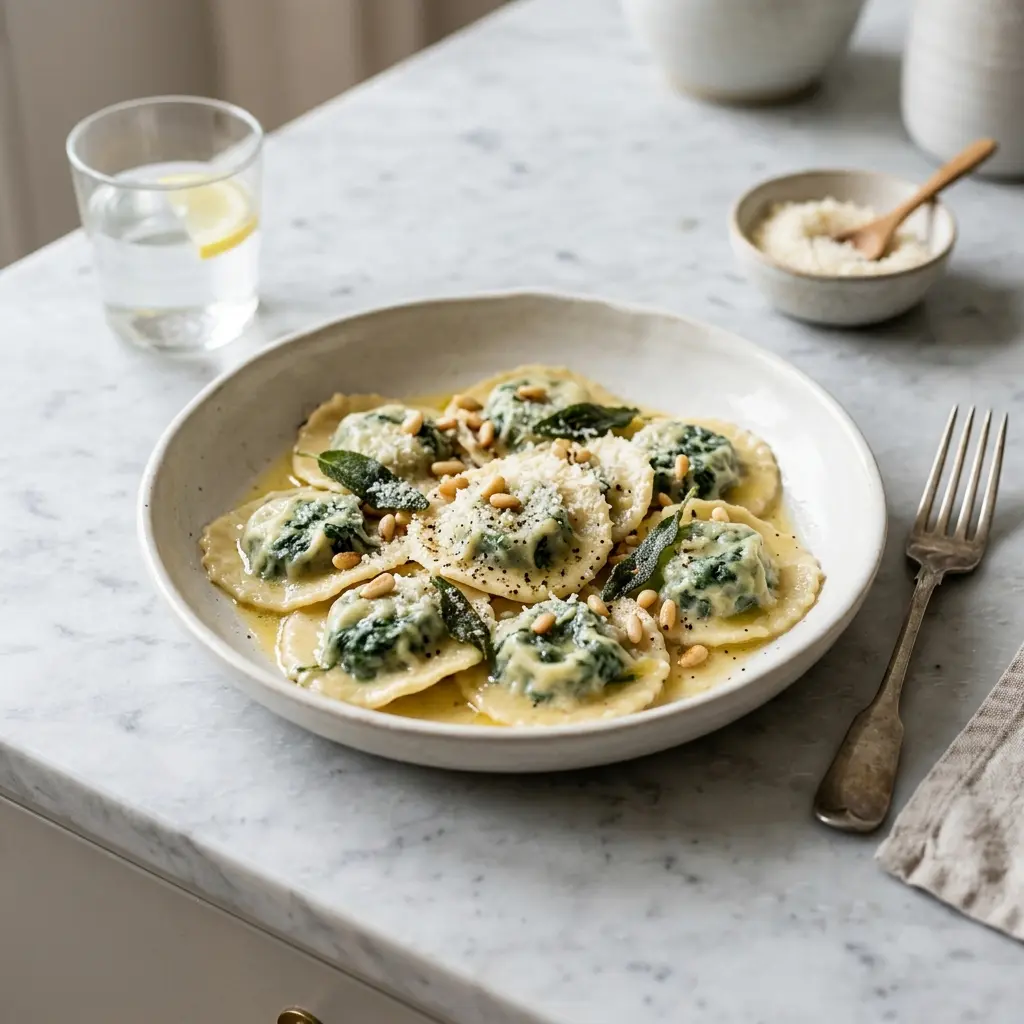 Nylaget ravioli med spinat servert på en appetittlig og hjemmelaget måte