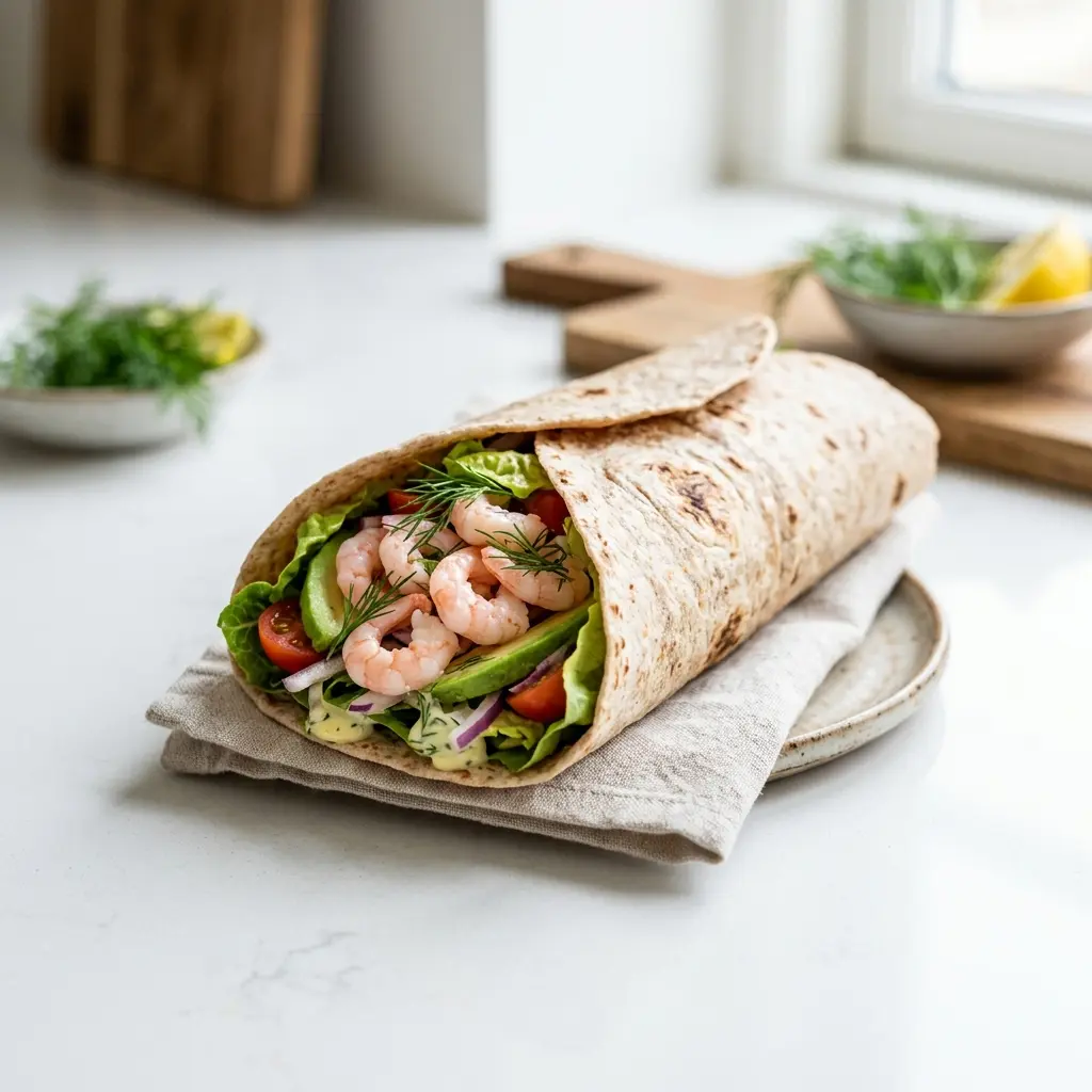 Nylaget reke-wrap servert på en appetittlig og hjemmelaget måte