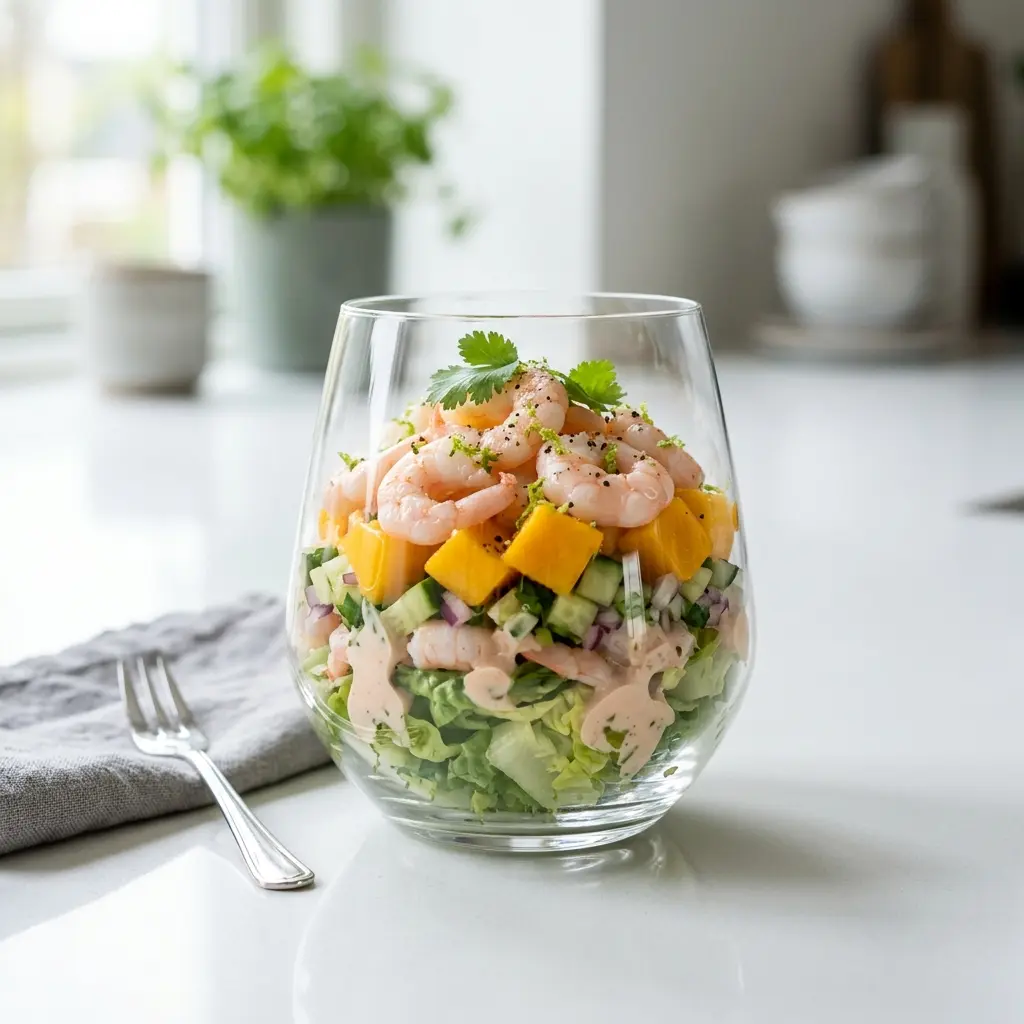 Rekecocktail med mango servert ferdig som hjemmelaget rett