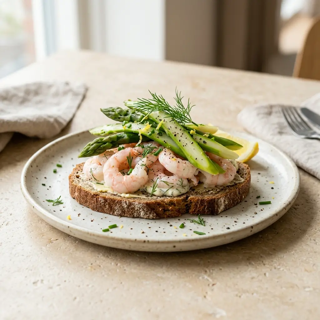 Nylaget rekemat med asparges servert på en appetittlig og hjemmelaget måte