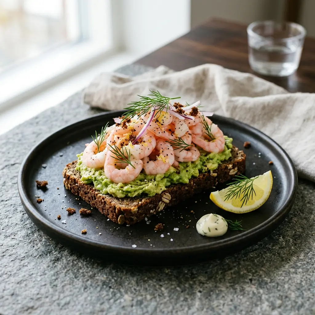 Nylaget rekemat med avokado servert på en appetittlig og hjemmelaget måte