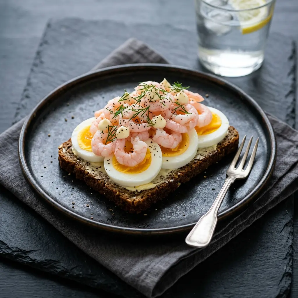 Nylaget rekemat med egg servert på en appetittlig og hjemmelaget måte