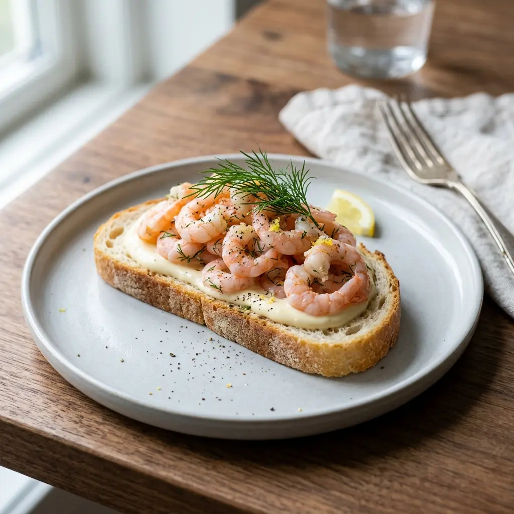 Nylaget rekemat på loff servert på en appetittlig og hjemmelaget måte