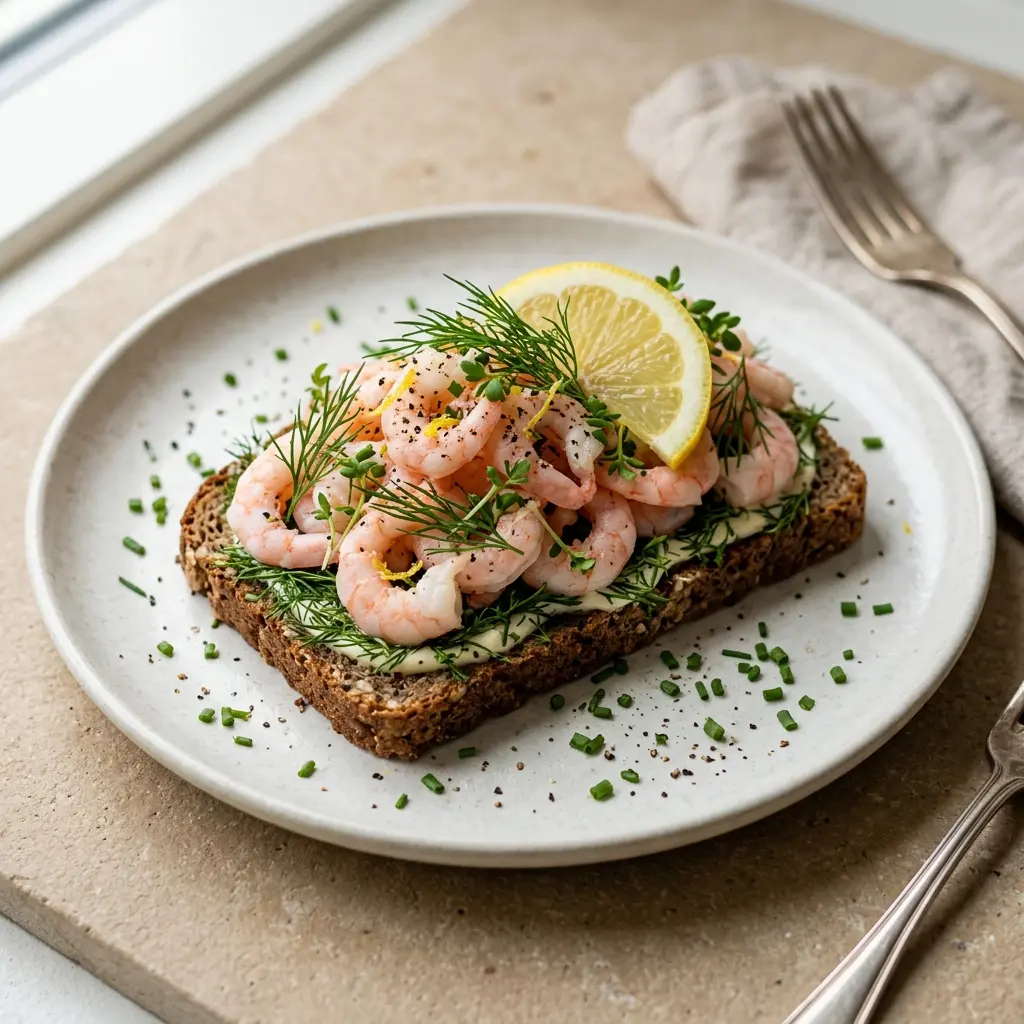 Nylaget rekemat servert på en appetittlig og hjemmelaget måte