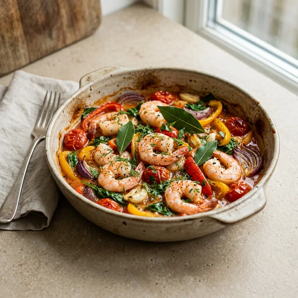 Nylaget reker i form med grønnsaker servert på en appetittlig og hjemmelaget måte