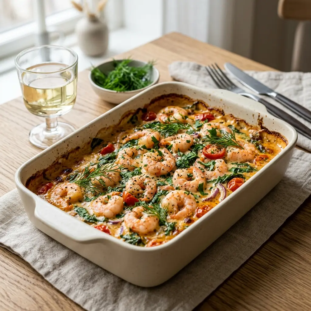 Nylaget reker i form servert på en appetittlig og hjemmelaget måte