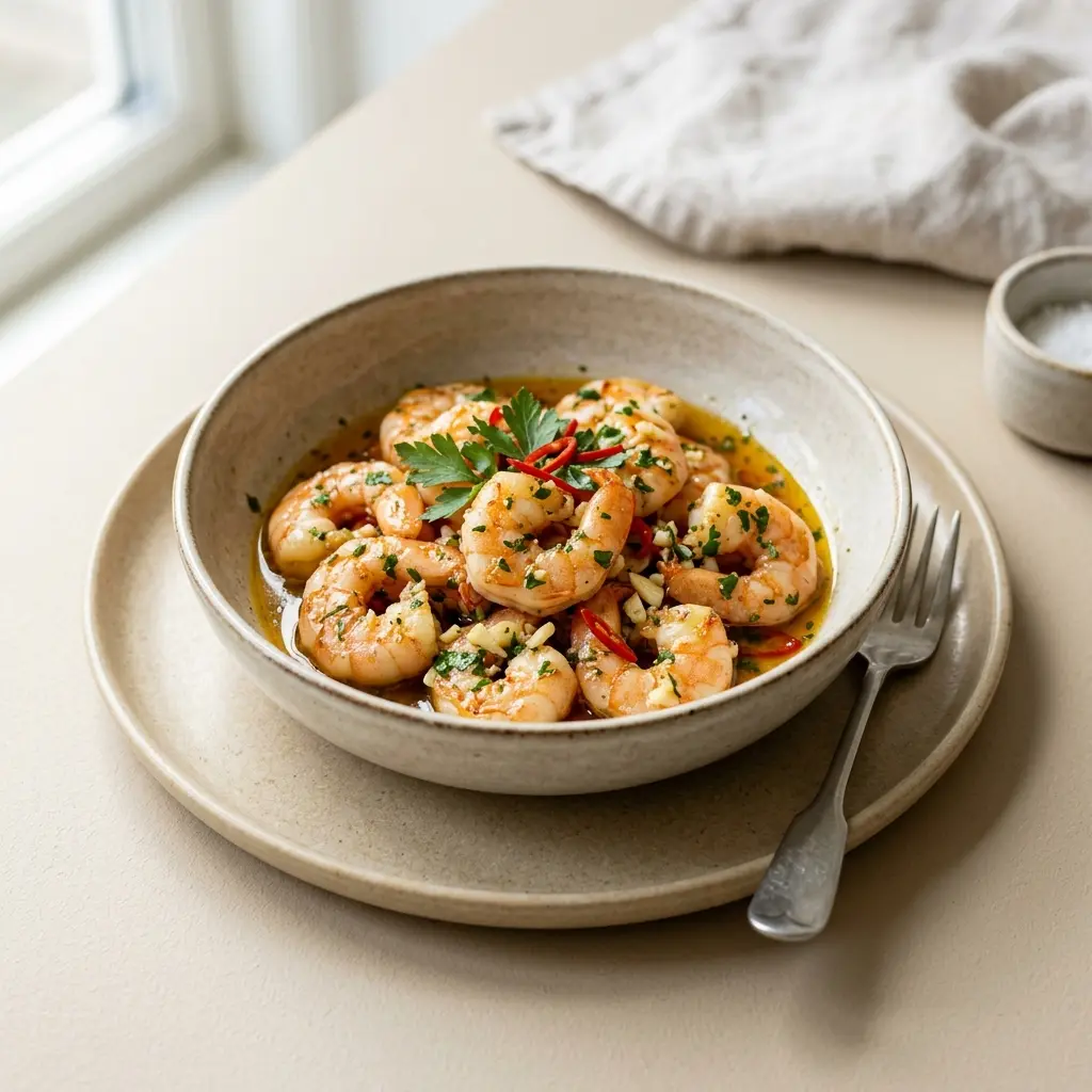 Nylaget reker i hvitløk og chili servert på en appetittlig og hjemmelaget måte