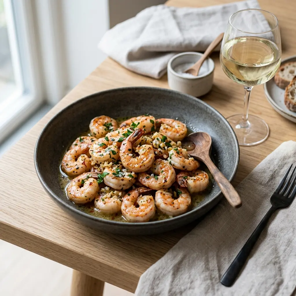 Nylaget reker i hvitløkssmør servert på en appetittlig og hjemmelaget måte