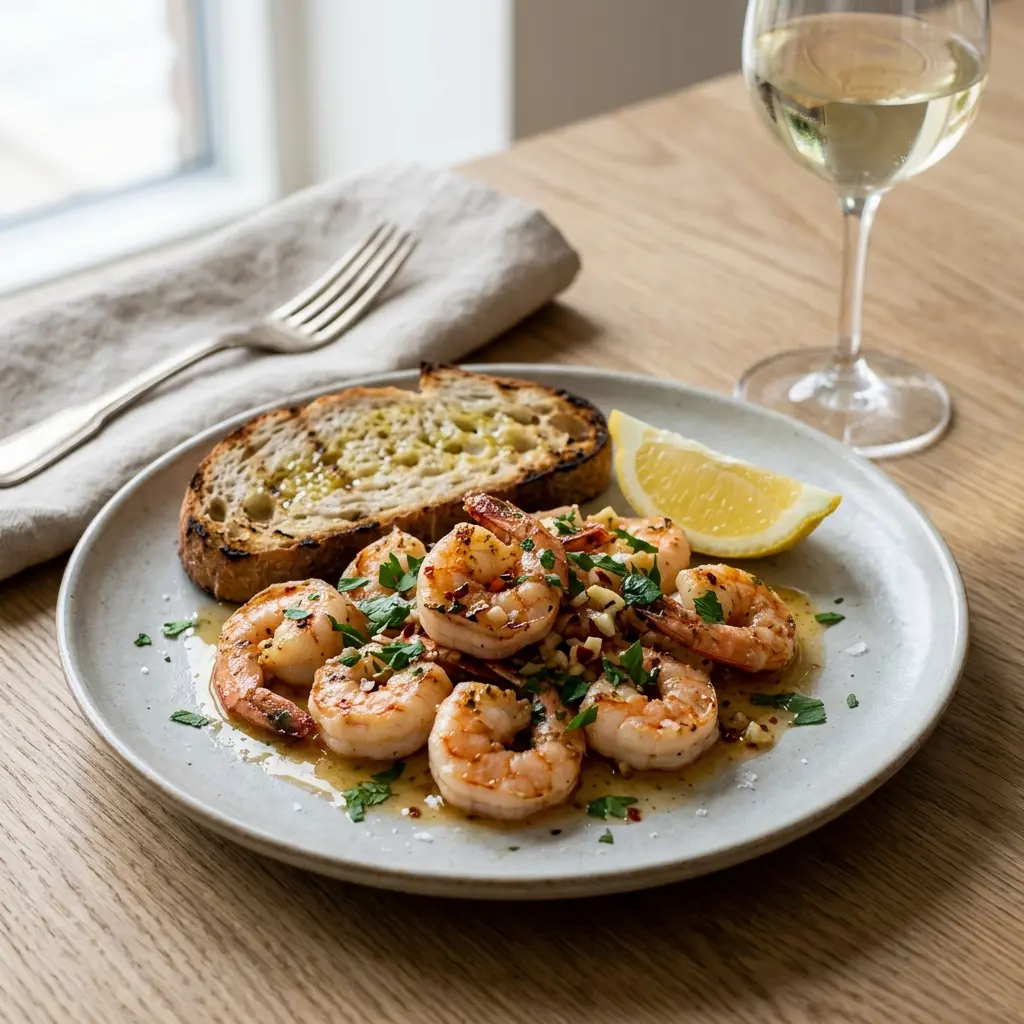 Nylaget reker i stekepanne servert på en appetittlig og hjemmelaget måte