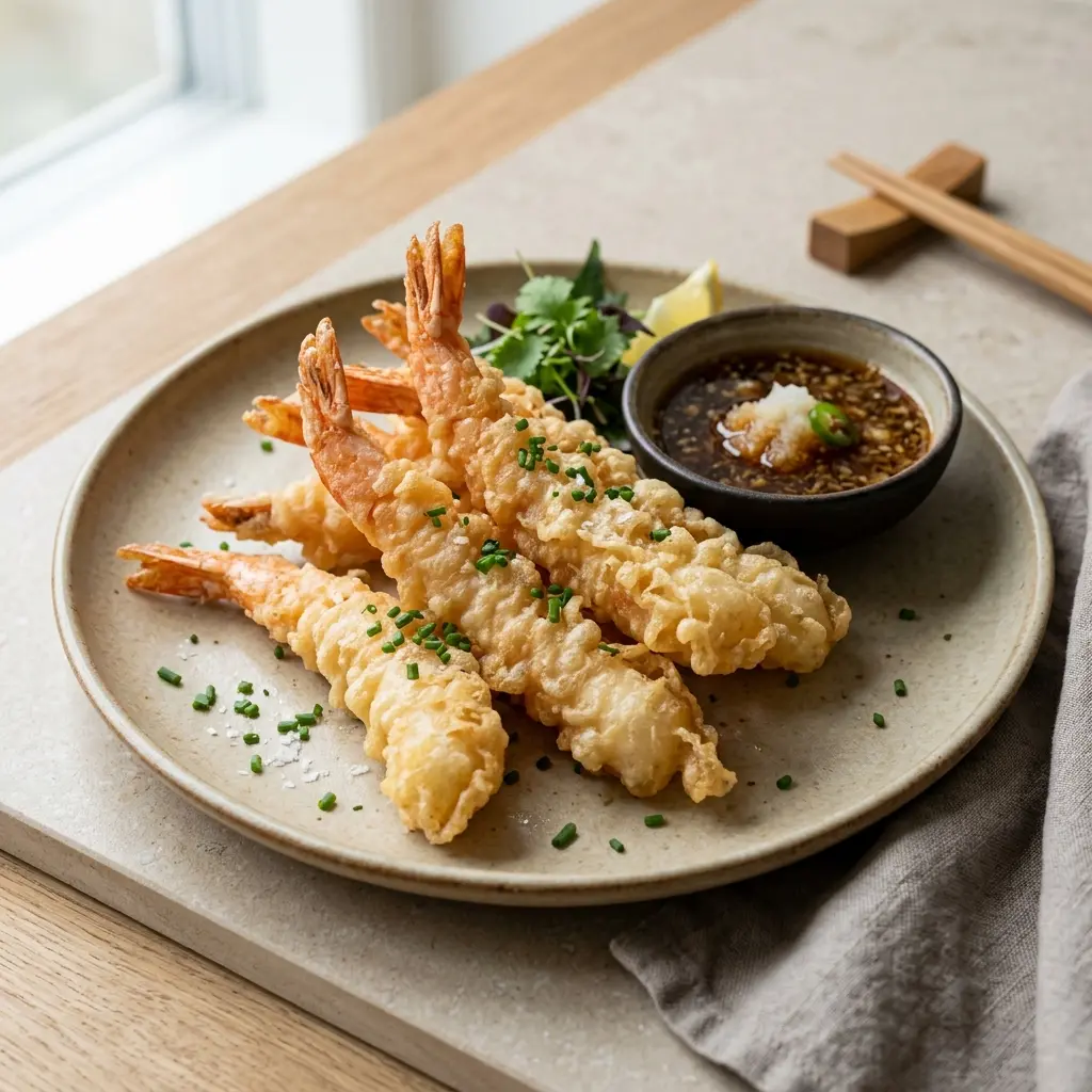 Nylaget reker i tempura servert på en appetittlig og hjemmelaget måte