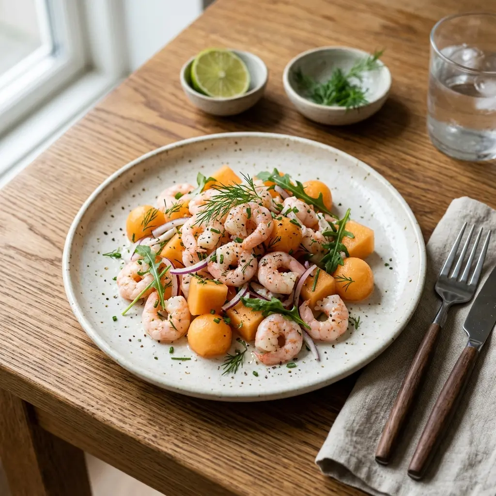 Nylaget reker med melon servert på en appetittlig og hjemmelaget måte