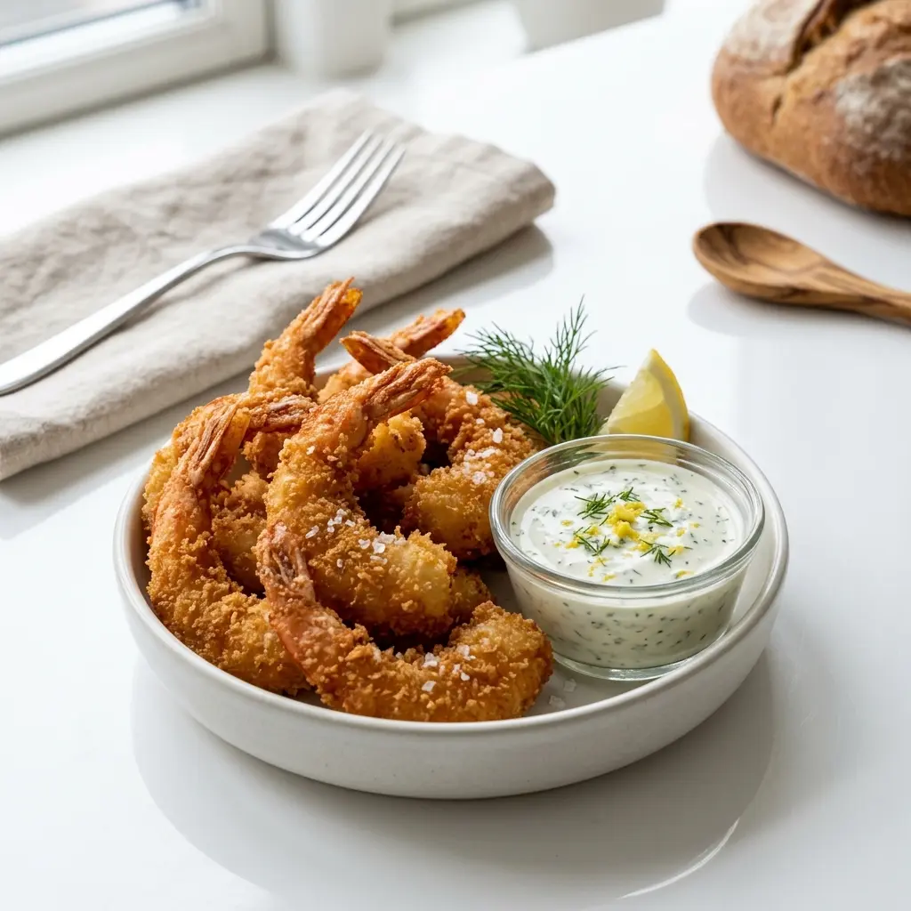 Nylaget reker med panko servert på en appetittlig og hjemmelaget måte