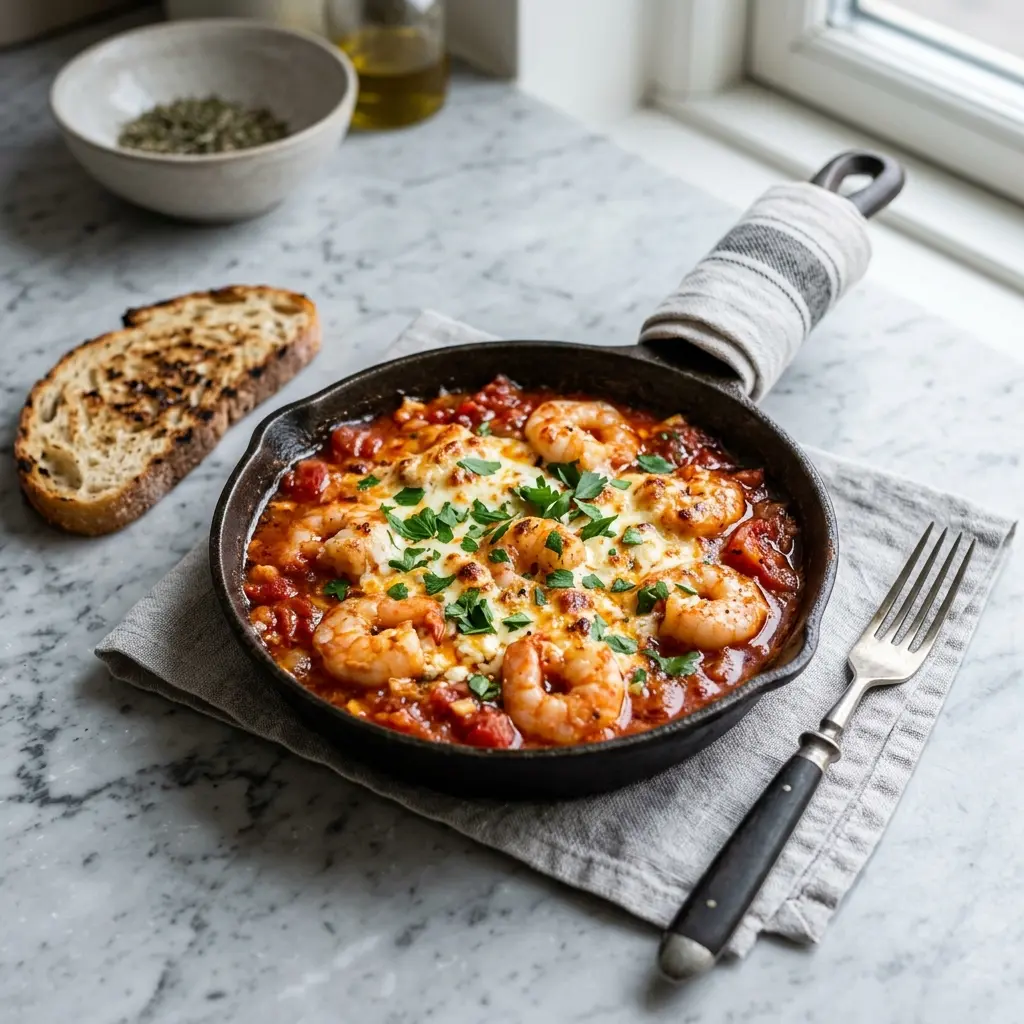 Nylaget reker saganaki servert på en appetittlig og hjemmelaget måte