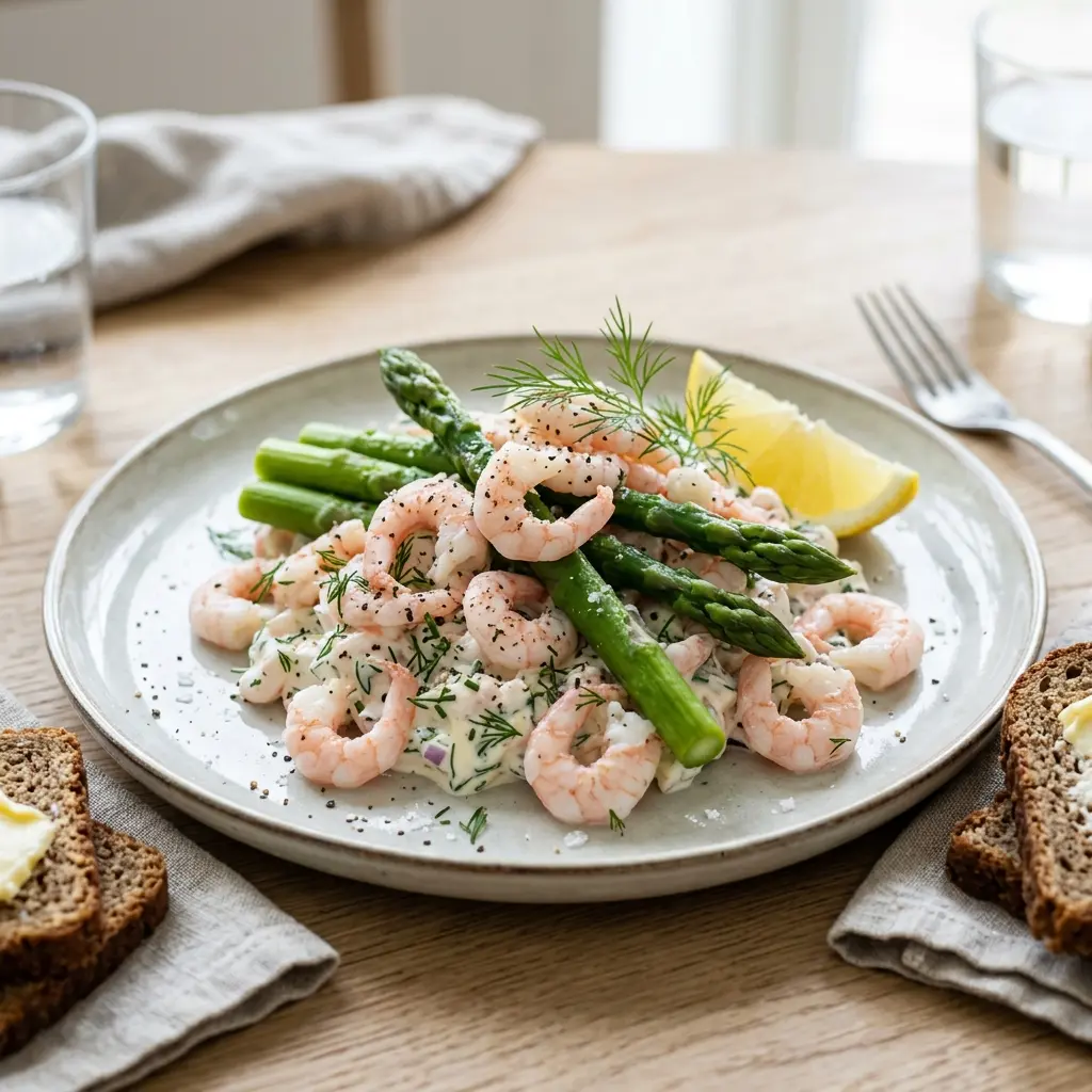 En frisk porsjon rekesalat med asparges med ferske råvarer og fin servering