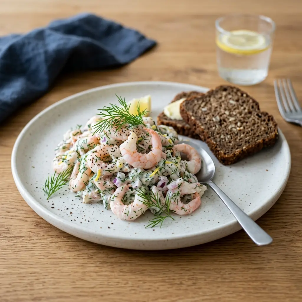 En frisk porsjon rekesalat med dill med ferske råvarer og fin servering