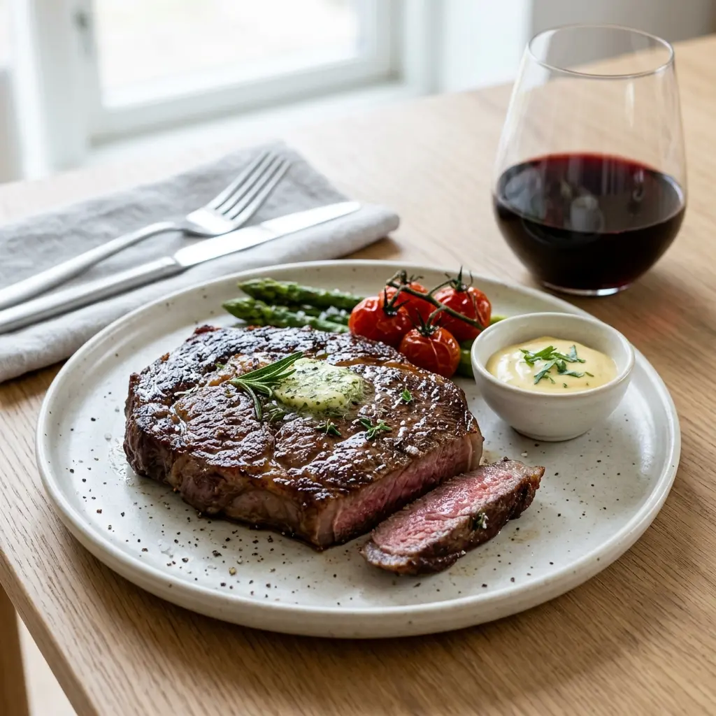Nylaget ribeye i stekepanne servert på en appetittlig og hjemmelaget måte
