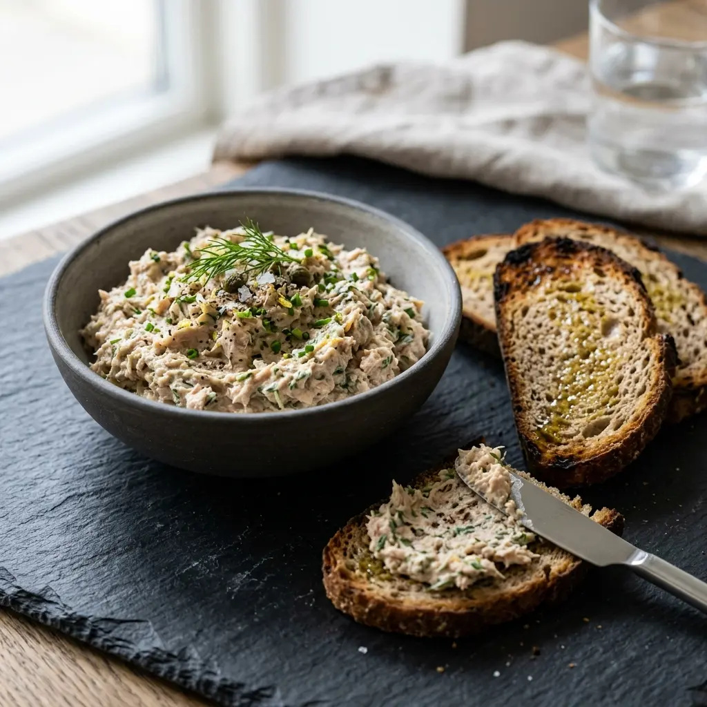 Rillette av fersk tunfisk servert ferdig som hjemmelaget rett