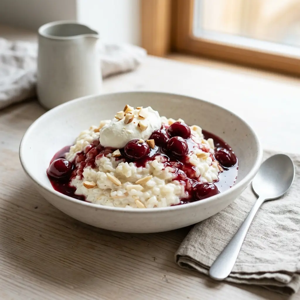 En skål med riskrem med kirsebærsaus klar til servering som smakfullt tilbehør