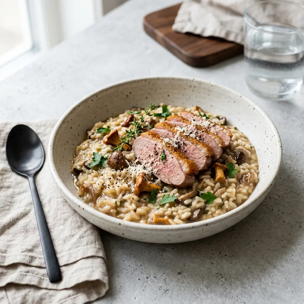 Risotto med and servert ferdig som hjemmelaget rett