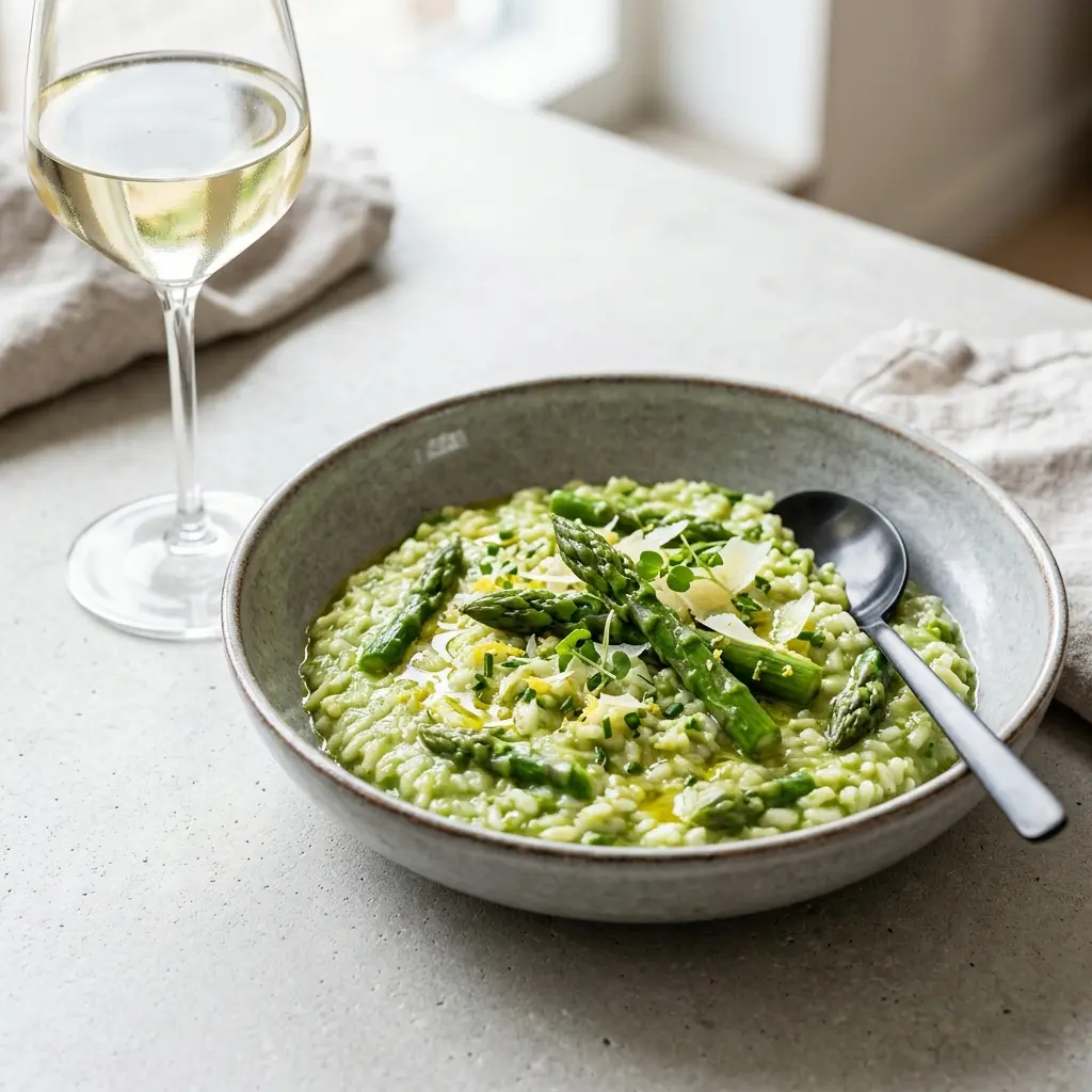 Risotto med asparges servert ferdig som hjemmelaget rett