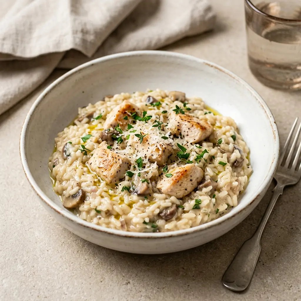 Risotto med kylling servert ferdig som hjemmelaget rett