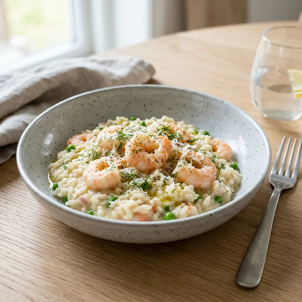 Risotto med reker servert ferdig som hjemmelaget rett