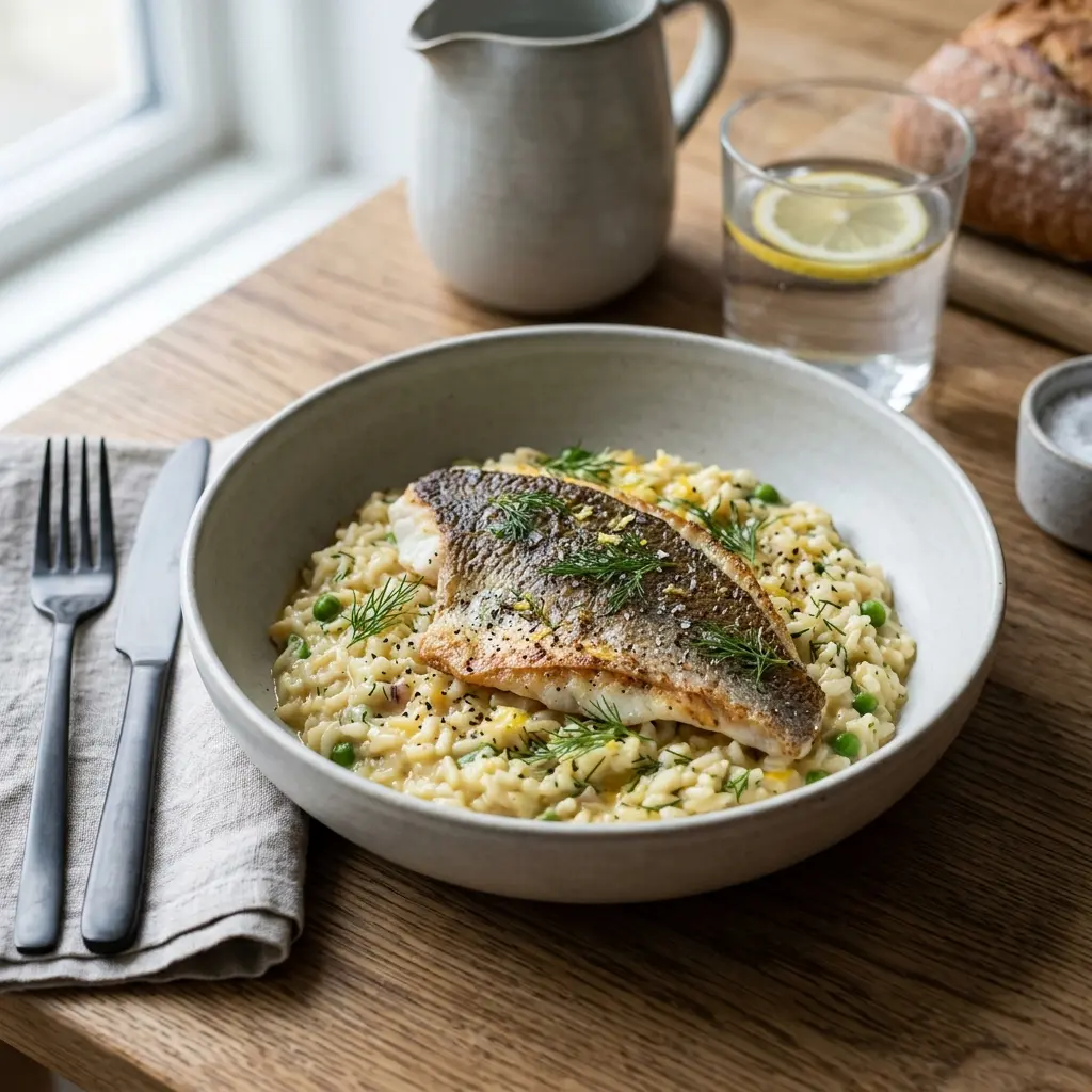 Risotto med rødspette servert ferdig som hjemmelaget rett