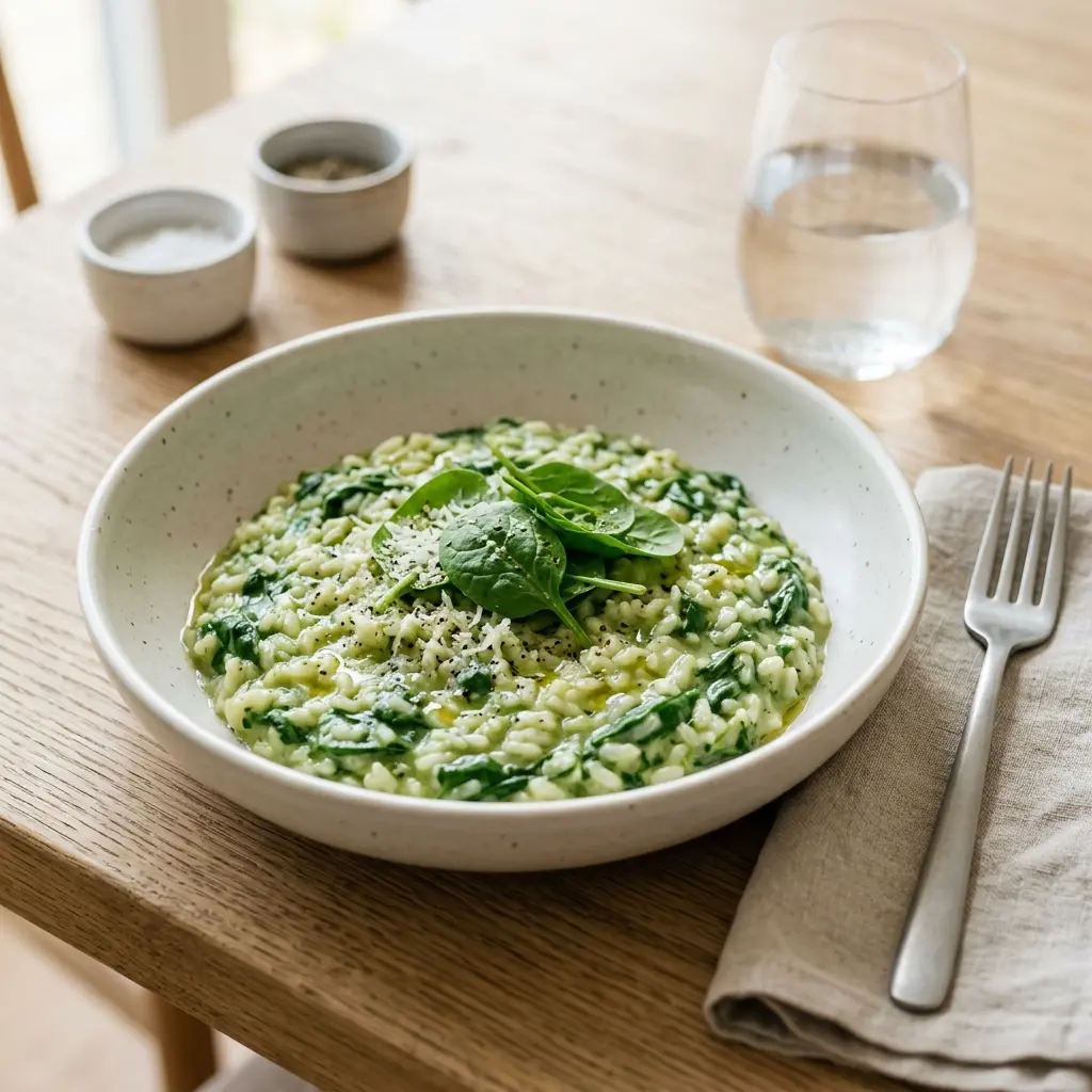 Risotto med spinat servert ferdig som hjemmelaget rett