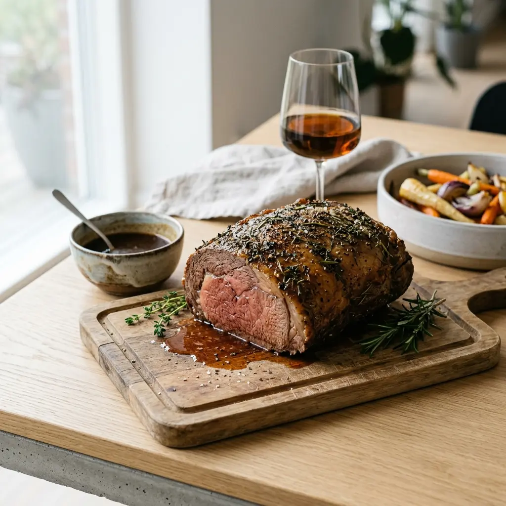 Nylaget roastbiff i ovn servert på en appetittlig og hjemmelaget måte