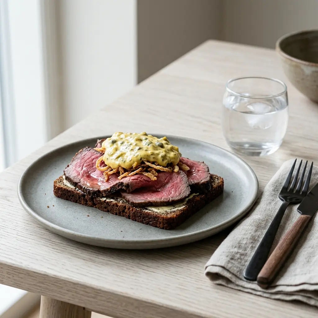 Nylaget roastbiff med remulade servert på en appetittlig og hjemmelaget måte