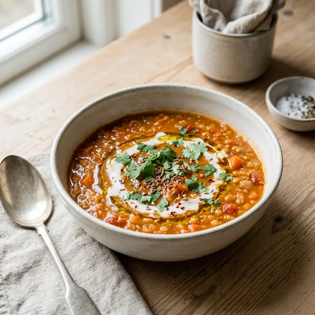 En varm porsjon rød linsesuppe servert på en innbydende måte