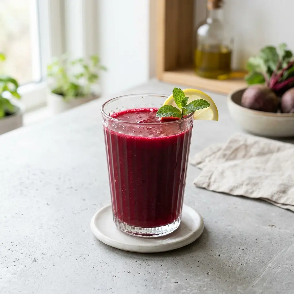 Et glass rødbetejuice servert kaldt og friskt med enkel pynt