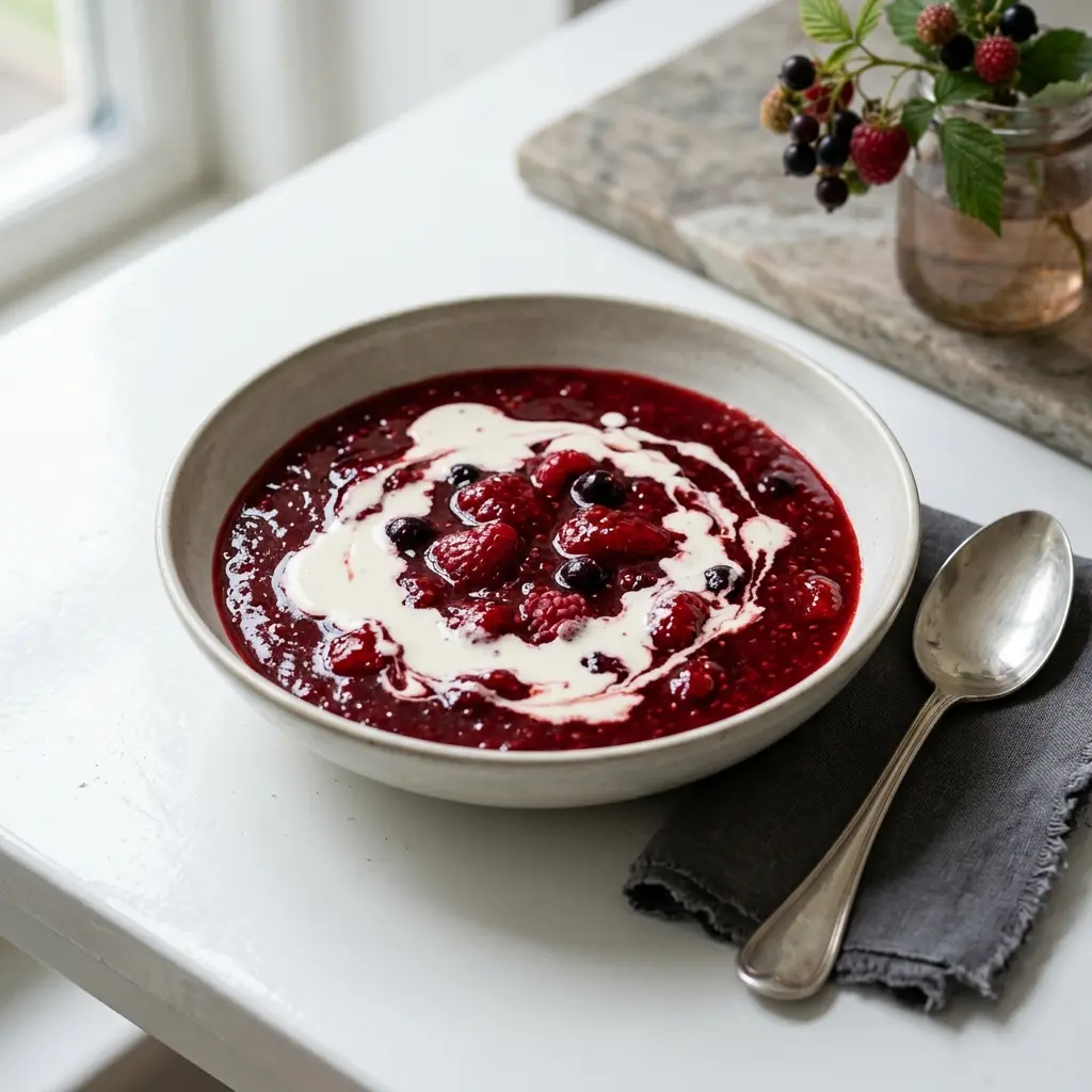Nylaget rødgrøt med fløte servert på en appetittlig og hjemmelaget måte