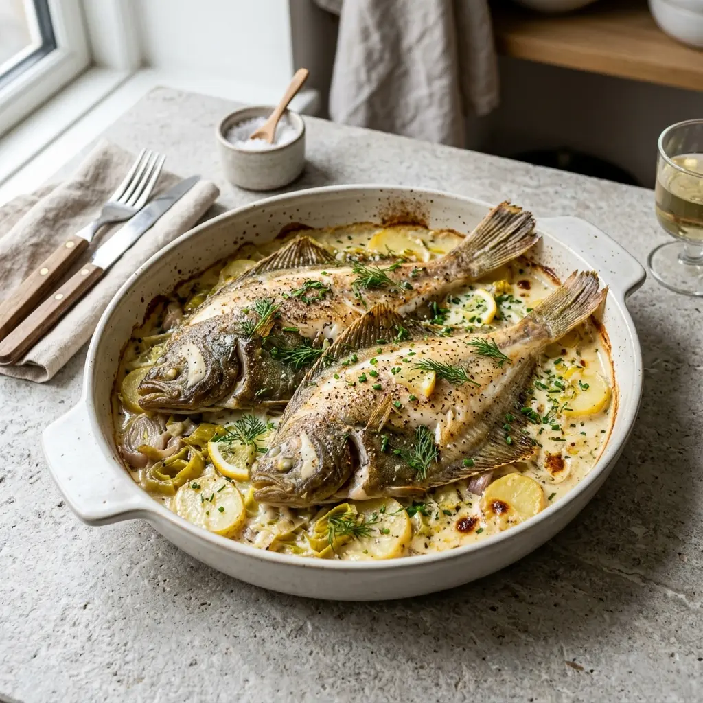 Nylaget rødspette i form med purre servert på en appetittlig og hjemmelaget måte