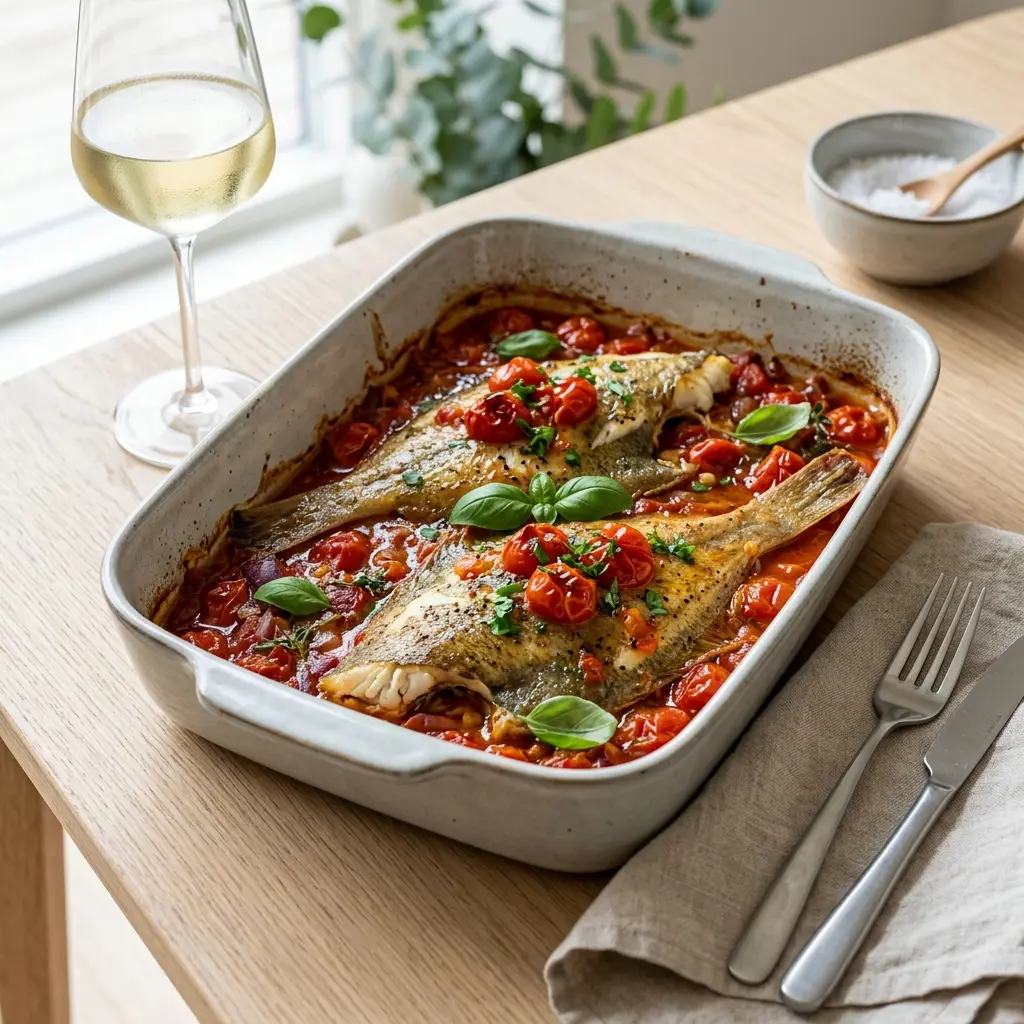 Nylaget rødspette i form med tomat servert på en appetittlig og hjemmelaget måte