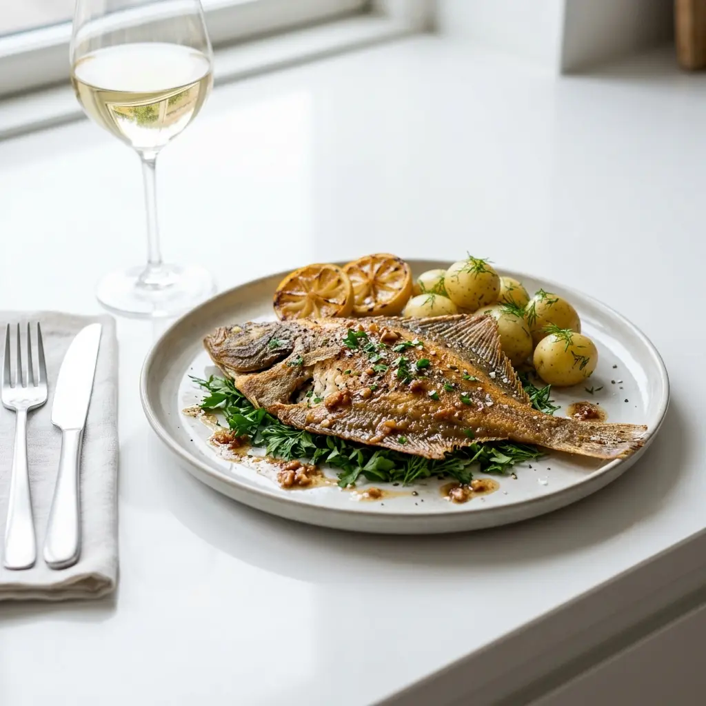 Nylaget rødspette i stekepanne servert på en appetittlig og hjemmelaget måte