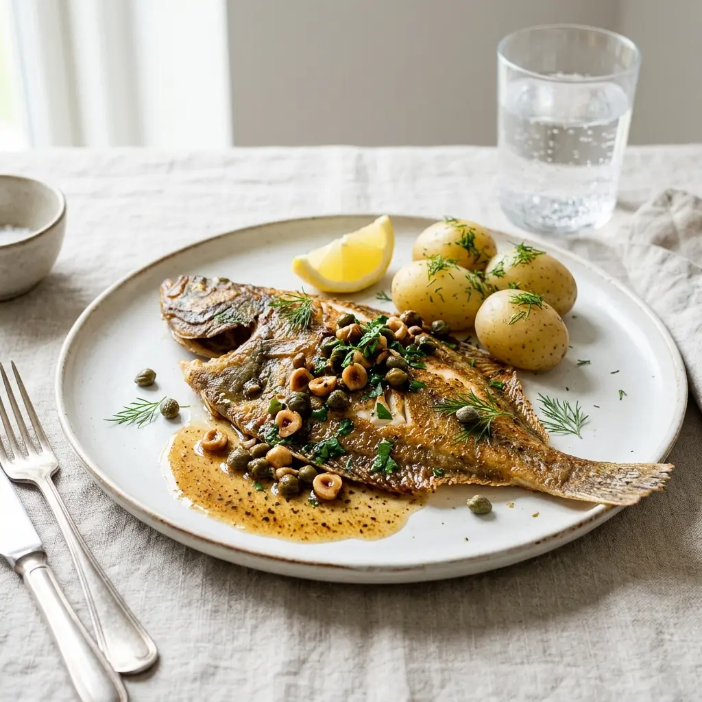 Nylaget rødspette med brunet smør og kapers servert på en appetittlig og hjemmelaget måte