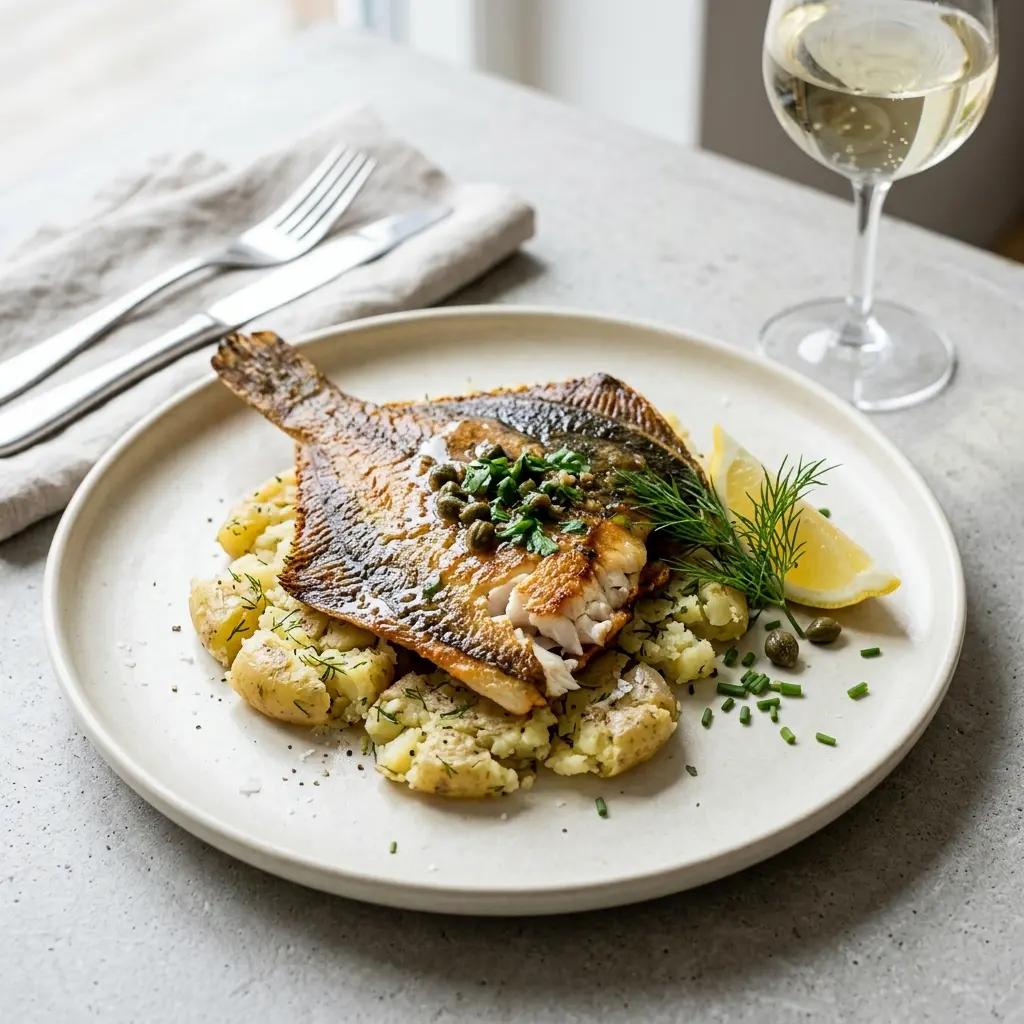 Nylaget rødspette med knuste poteter servert på en appetittlig og hjemmelaget måte