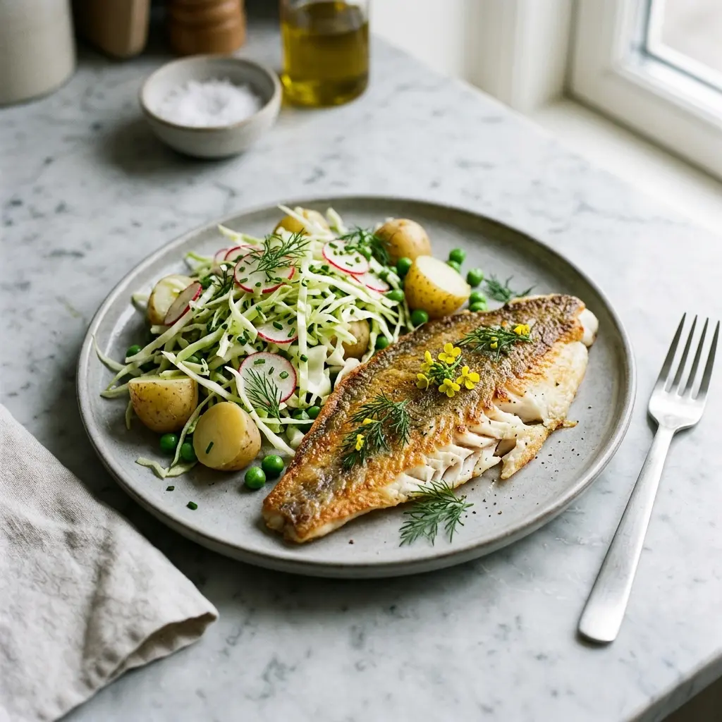Rødspette med spisskålsalat servert som frisk salat