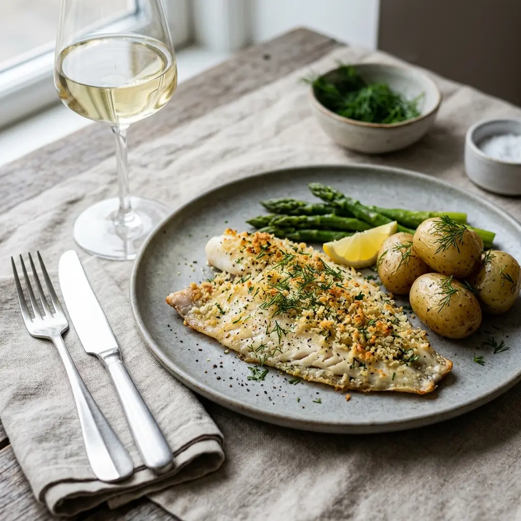 Nylaget rødspettefilet i ovn servert på en appetittlig og hjemmelaget måte