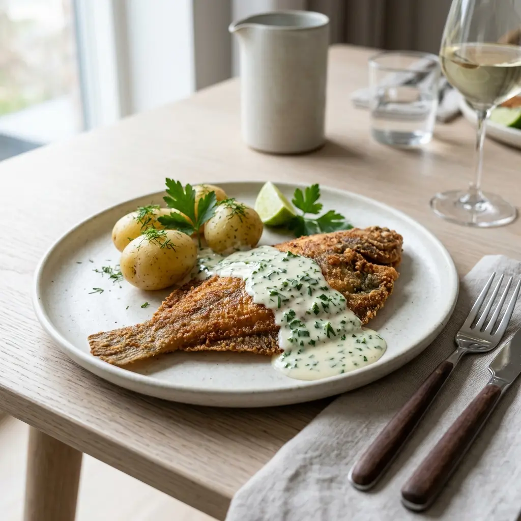 Rødspettefilet med persillesaus servert ferdig som hjemmelaget rett