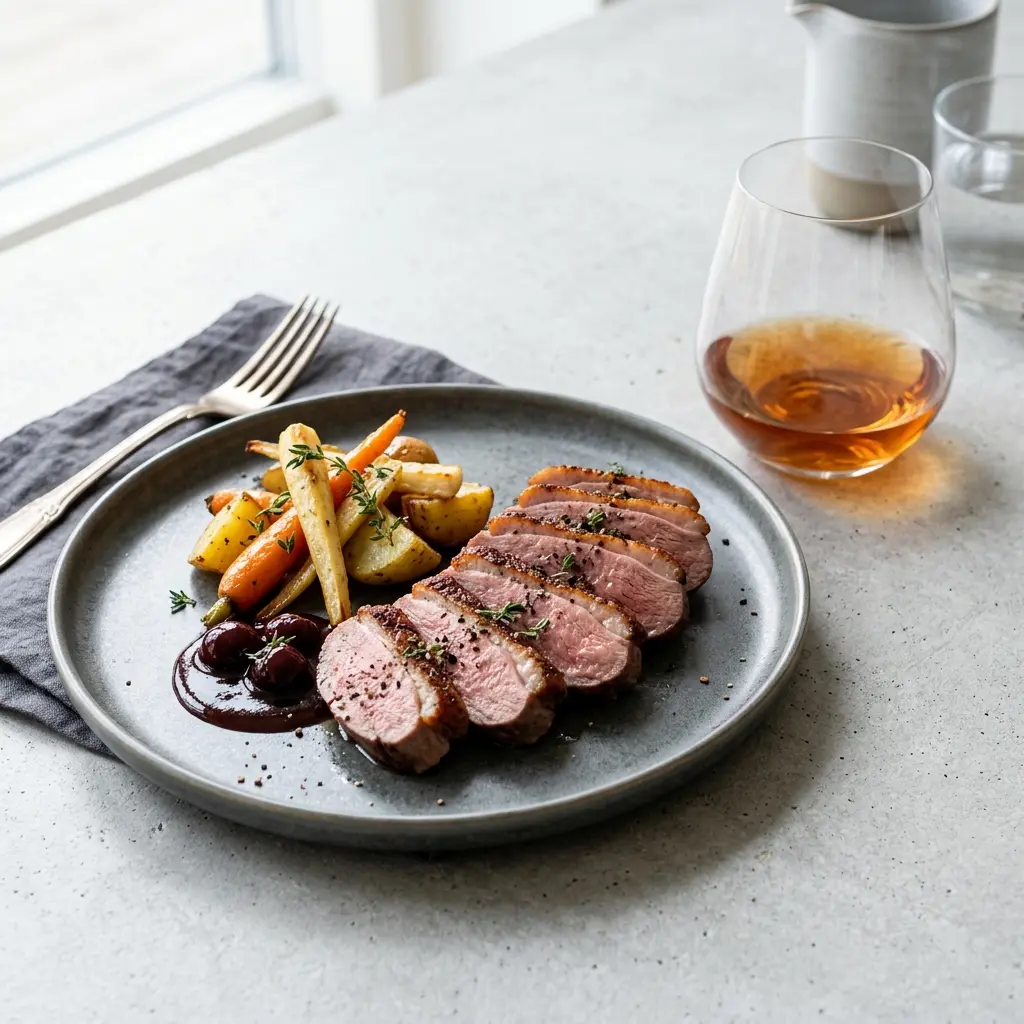Nylaget røkt andebryst servert på en appetittlig og hjemmelaget måte