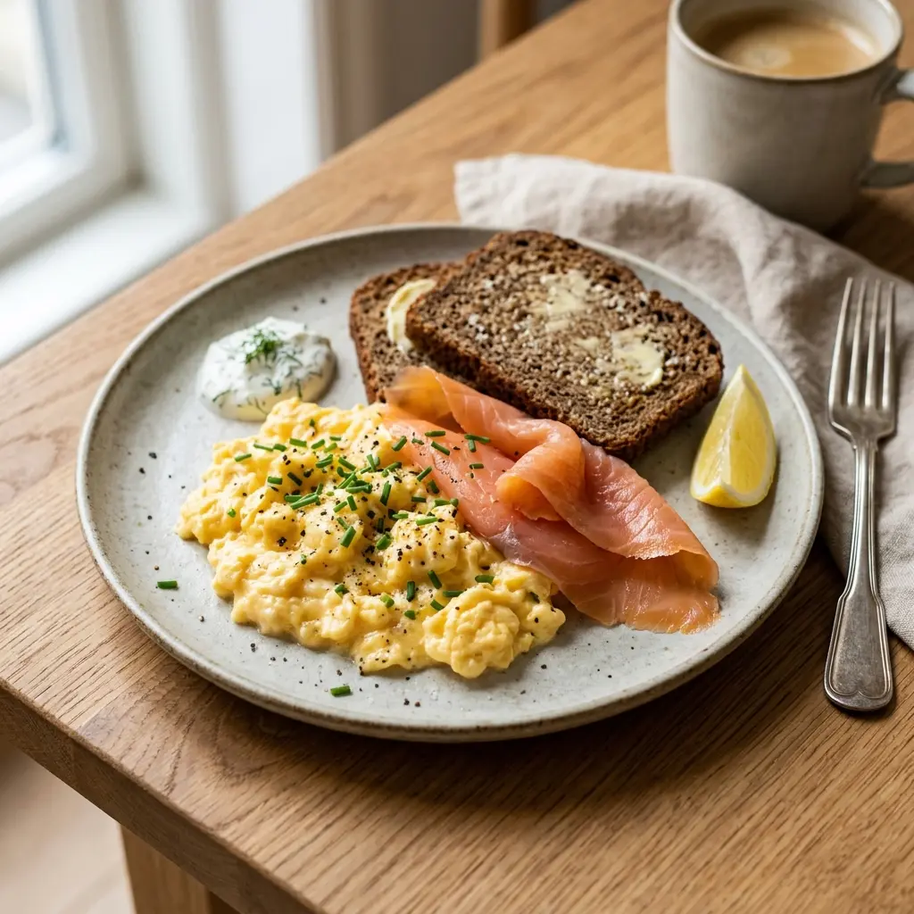 Nylaget røkt laks med eggerøre servert på en appetittlig og hjemmelaget måte