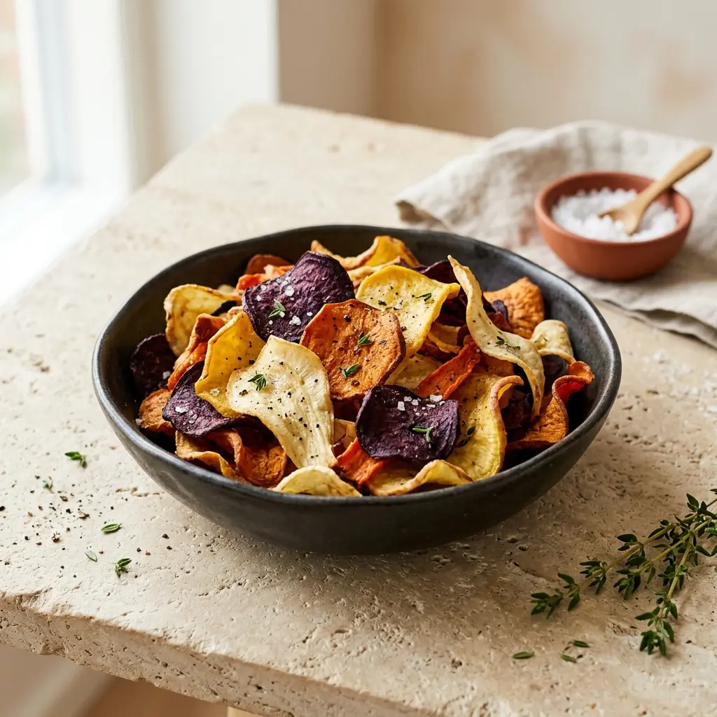Nylaget rotgrønnsakschips servert på en appetittlig og hjemmelaget måte