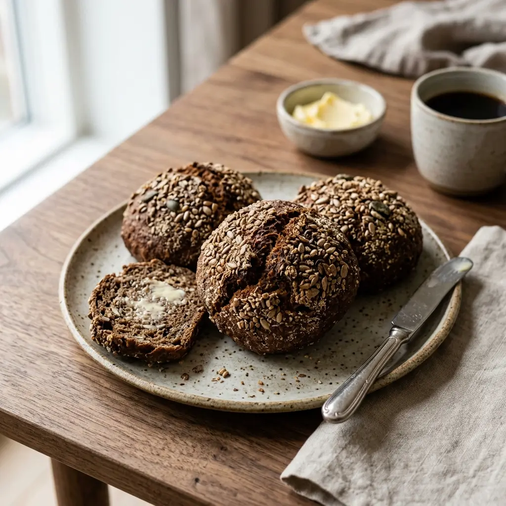 Nybakt rugboller servert og klar til å nytes