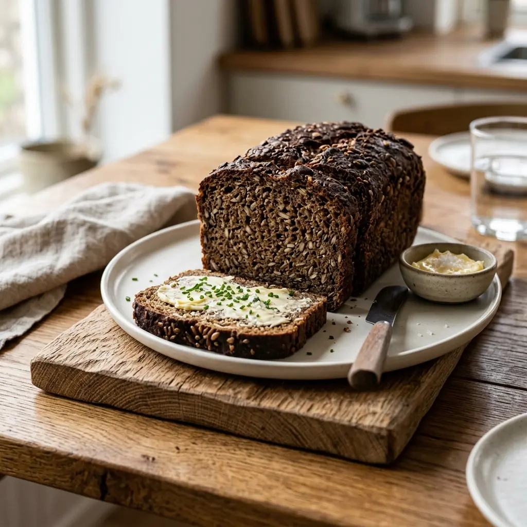 Nybakt rugbrød servert og klar til å nytes