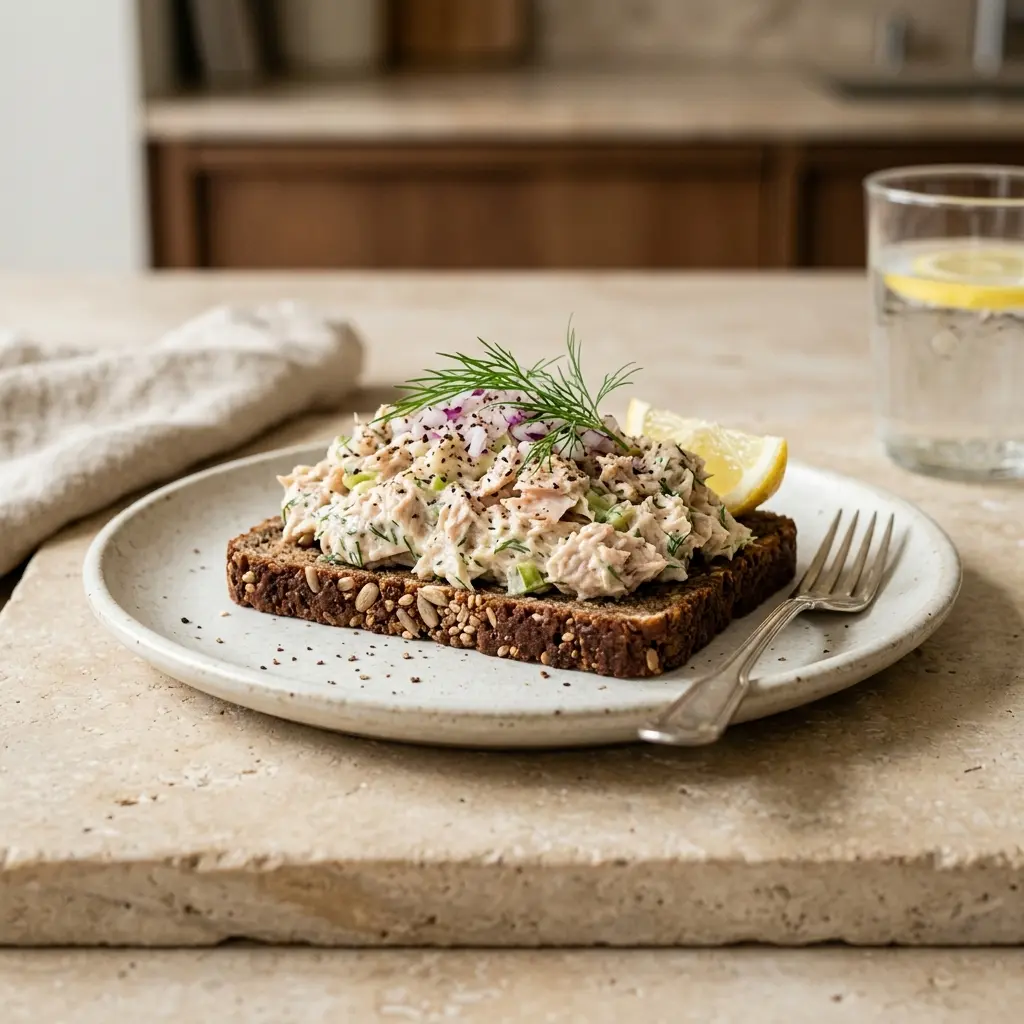 Nybakt rugbrødskive med tunfisksalat servert og klar til å nytes