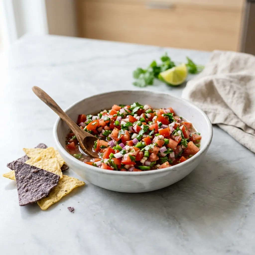 En skål med salsa klar til servering som smakfullt tilbehør
